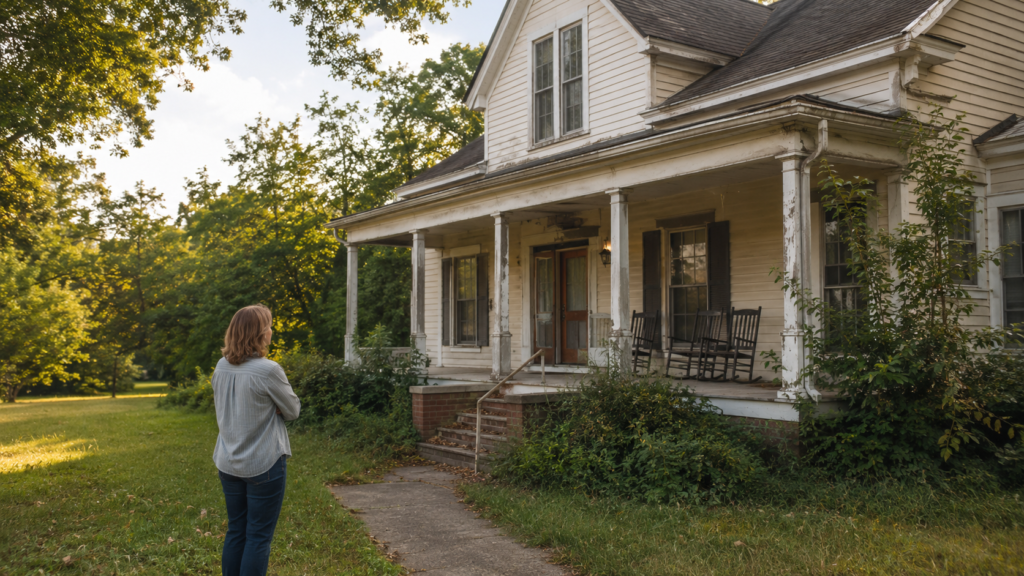 Woman considering whether to sell an inherited Alabama house showing early signs of deferred maintenance.