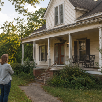 Woman considering whether to sell an inherited Alabama house showing early signs of deferred maintenance.