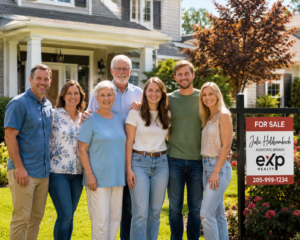 Group of seven adults smiling in front of a suburban house with a 'For Sale' sign, posing for a photo.