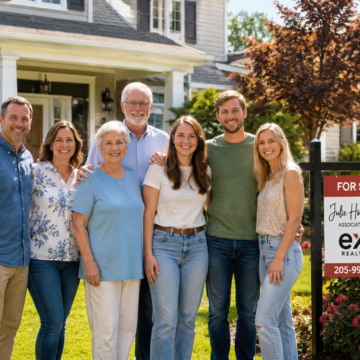 Group of seven adults smiling in front of a suburban house with a 'For Sale' sign, posing for a photo.