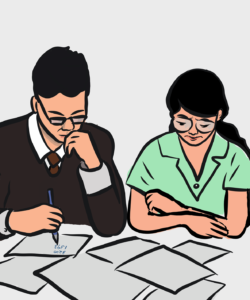 Two professionals seated at a table, writing and reviewing scattered documents on a desk.
