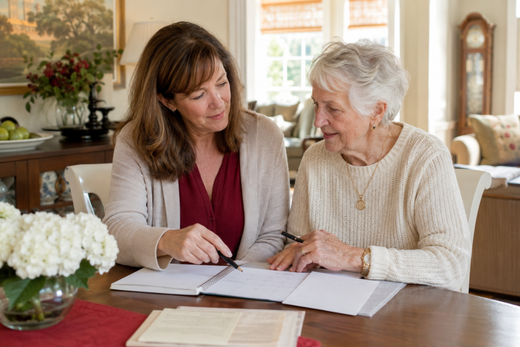 Woman talking with an aging woman about selling