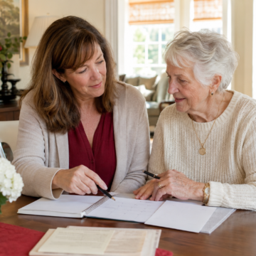 Two women sit at a dining table, reviewing a calendar together in a bright living room.