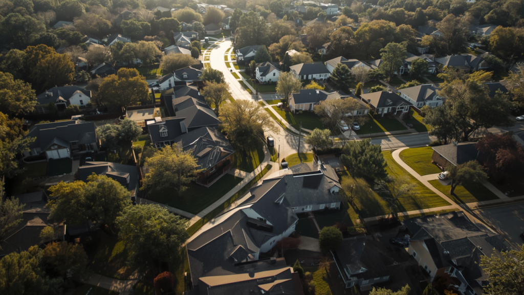 Aerial view of a Birmingham, Alabama neighborhood showing affordable single-family homes with tree-lined streets