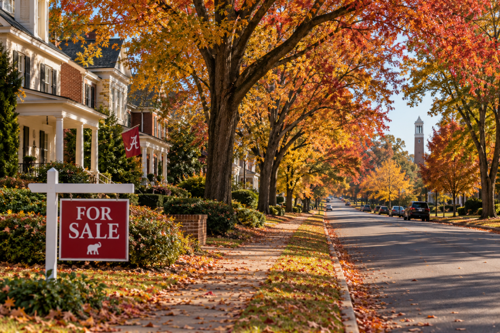 Home for sale on a fall street in Tuscaloosa, Alabama