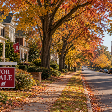 Home for sale on a fall street in Tuscaloosa, Alabama
