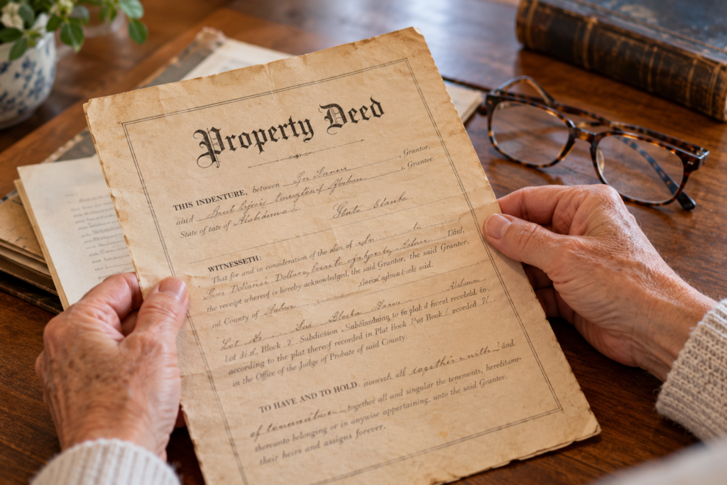 Family looking over a parent's property deed to see if the house goes through probate in Alabama.