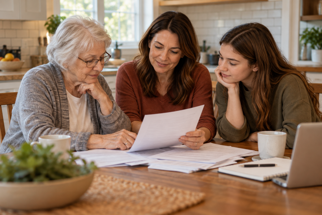 Adult daughter and her parents reviewing home purchase papers together at a kitchen table.