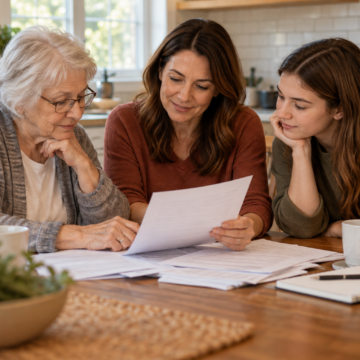 Adult daughter and her parents reviewing home purchase papers together at a kitchen table.